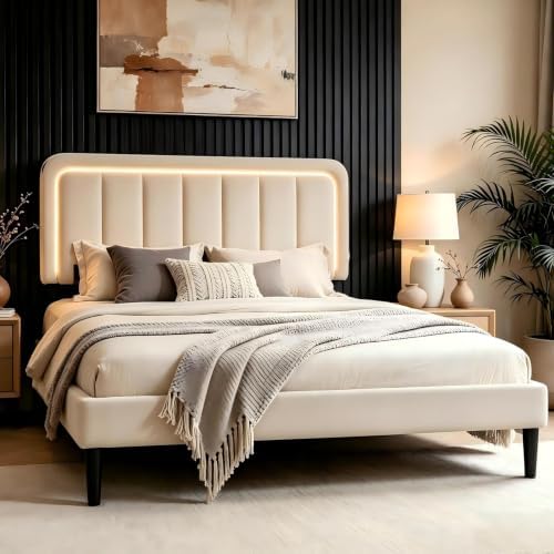 Garvee King Size Bed Frame with LED Lights & Upholstered Headboard
