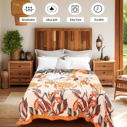 VANJOROY Boho Throw Blanket, 100% Cotton Breathable Soft Bed Throw - Floral Bird Farmhouse Decor Blanket for Sofa Couch Chair Quilt and Gift. 80" x 90"- Beige
