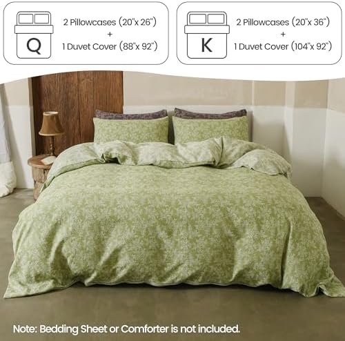 BISELINA 100% Cotton Muslin Duvet Cover Set Queen, 3 Pcs Yarn-Dyed Jacquard Textured Vintage Rose Pattern, Soft and Breathable Bedding Set with Zipper Closure, Light Green