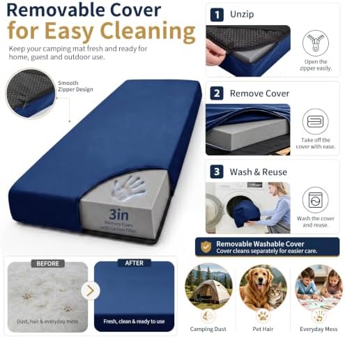 CYMULA Memory Foam Camping Mattress Pad,Sleeping Pad for Camping,Non-Slip Bottom Floor Car Mattress Bed with Retaining Portable Roll up Mattress Pad Mat for Travel Truck Guest Bed Tent