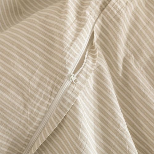 JIYUAN Full Washed Cotton Duvet Cover Set, 3-Piece, Linen-Like Pinstripe