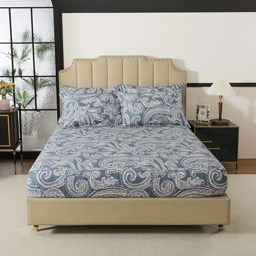 FADFAY Queen Sheet Set – 4 Piece Bed Sheets for Queen Size Bed, Vintage Blue Grey Paisley Floral Pattern Soft and Breathable 100% Cotton, Includes 1 Fitted Sheet, 1 Flat Sheet and 2 Pillowcases