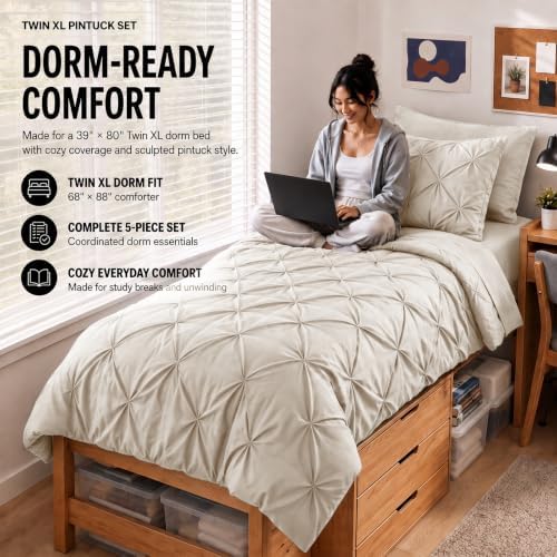 HIMEET Twin XL Comforter Set Beige - 5 Pieces Pintuck Bed in a Bag