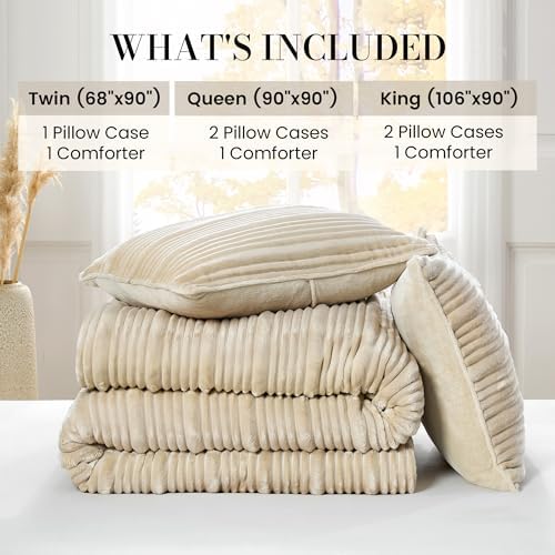 Amélie Home Fluffy King Comforter Set, Ribbed Fleece Bedding Set, Beige