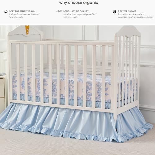 Brandream French Country Organic Cotton Crib Bedding Set for Girls Vintage Cottagecore Blue Rose Floral Bow Print 3 Pieces Coquette Baby Nursery Decor - Ruffles Quilt,Toile Crib Sheet,Crib Bed Skirt