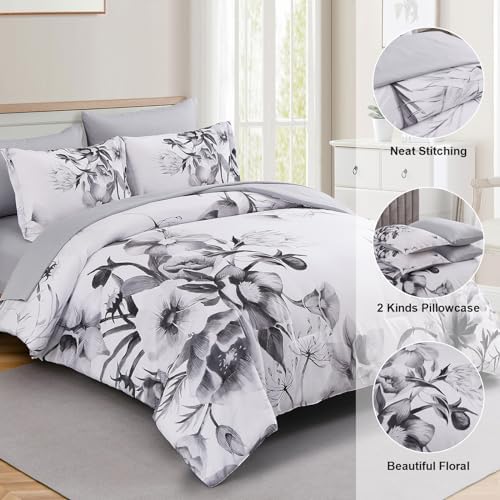 Luxudecor Floral Comforter Set Full Size 7 Piece, Black Flower Bed in a Bag, Elegant Ink Comforter Bedding Set for All Season (Ink, 80"x90")