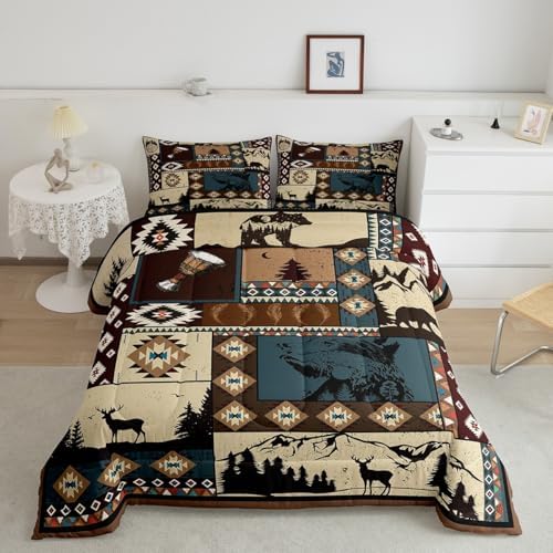 Deer and Bear Wild Animal Comforter Set Twin Size,Tribal Exotic Style Patchwork Plaid Quilt Set for Kids Boys Bedroom Collection,Retro Rustic American Geometric Soft Bedding Set with 1 Pillowcase