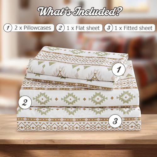CozySmile 4 Pieces Queen Sheet Set Bohemian, Boho Sheets Soft Microfiber Deep Pocket, Western Sheets Geometric(Queen, Cream Olive Geometric)