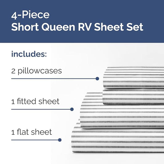 Short Queen Size 4 Piece Sheet Set - RV Short Queen, Soft, Breathable & Cooling Bed Sheets Set w/ Deep Pockets - Hotel Luxury Bedding for Women, Men, Kids, Teens, Boys & Girls, Oeko-Tex - Grey Stripes