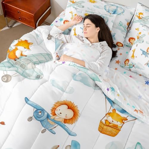 Erosebridal Cute Airplane Comforter Set with Sheets King Size, Cartoon Aircraft 7 Pcs Bedding Set, Lovely Lion Giraffe Hamster Wildlife Bed in A Bag, White Cloud Bed Sets for Boys Kids Girls Adults