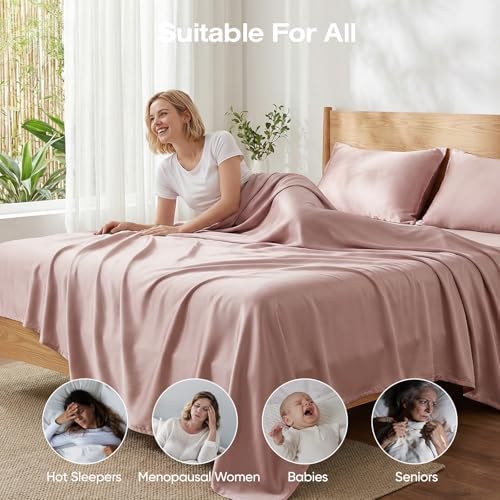 100% Real Bamboo Viscose & Lyocell Tencel Sheets Set Queen Size | Breathable & Cooling for Hot Sleeper | Luxury Silky Soft Fabric | 18" Deep Pocket with Corner Straps (Sand, Queen)