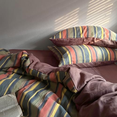mixinni Vintage Striped Duvet Cover Set Twin Size - 3 Piece 100% Washed Cotton Bedding Set, Soft & Breathable, Colorful Striped Pattern Printed Comforter Cover for All Seasons