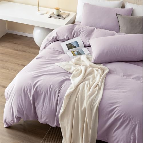JIYUAN Queen Washed Cotton Duvet Cover Set, 3-Piece, Relaxed Linen Feel