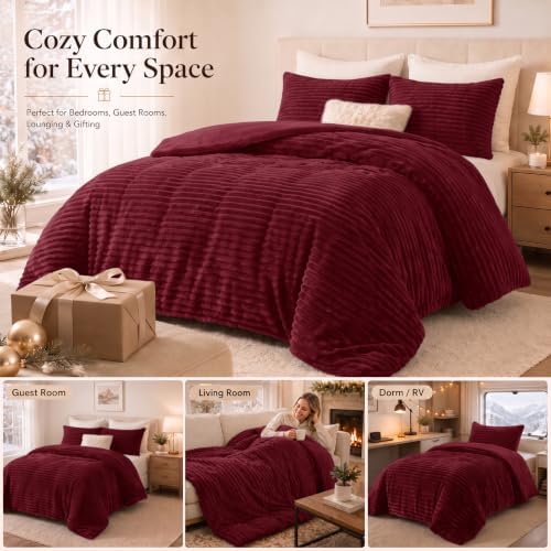 CozyLux Fleece Queen Comforter Set, 3 Piece Winter Warm Dark Red Bedding