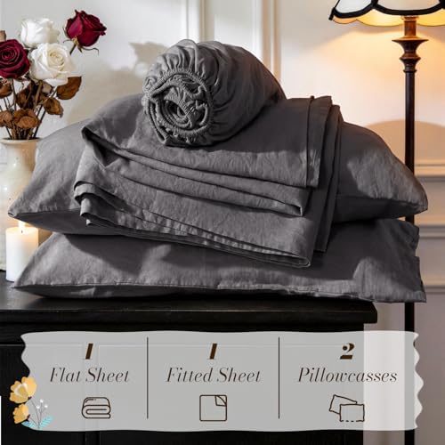 SONORO KATE 100% French Linen King Size Sheets Set,Natural Flax Bedding