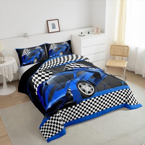 Feelyou Race Car Comforter Set for Kids Boys Black White Checkered Flag Print Comforter Extreme Sports Bedding Set King Size Bedroom Decor Honeycomb Speed Sports Car Blue Duvet Set 3pcs
