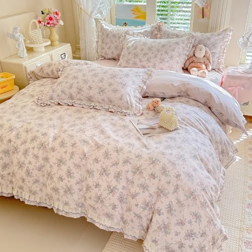 VM VOUGEMARKET Lace Ruffle Duvet Cover Set Twin,Vintage Garden Floral Bedding Set,Double-Layer Gauze Cotton Soft,Breathable & Lightweight for Teen Girls-68 x86