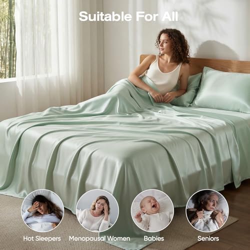 100% Real Bamboo Viscose & Lyocell Tencel Sheets Set King Size | Breathable & Cooling for Hot Sleeper | Luxury Silky Soft Fabric | 18" Deep Pocket with Corner Straps (Mineral, King)