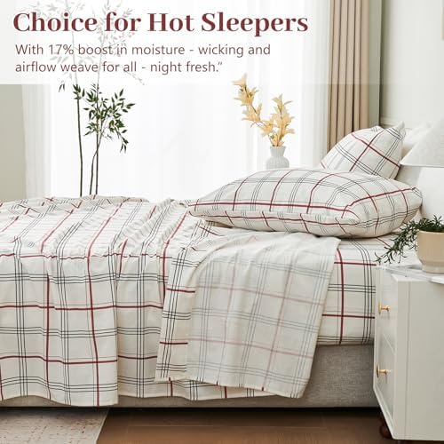 MEISHANG 100% French Pure Linen Sheets Queen Size - Bed Sheets 4 Piece Sets, Soft Durable Flax Linen, Anti-Tear Breathable Moisture Wicking with 16" Deep Pocket (Red Plaid)