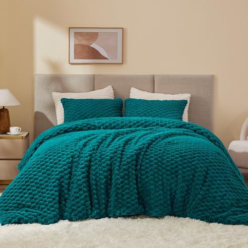 BEDELITE Fluffy King Size Comforter Set, Teal Fleece Bed Set 3 Pieces