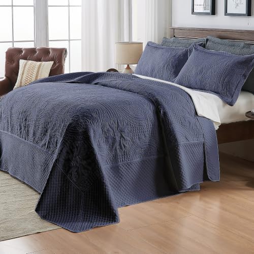 Qucover King Bedspread Medallion Quilt Bedding Set 3 Piece Navy Blue