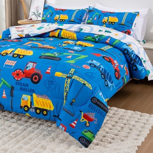 Holawakaka Boys Construction Truck Excavator Full Comforter Set with Sheets