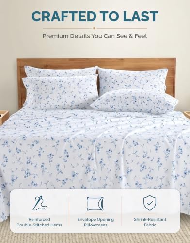 Casa Platino 100% Cotton Sheets Full Size Set - 6 Pieces (1 Flat, 1 Fitted, 4 Pillowcases) - Soft & Breathable Percale Weave - Durable & Cooling Bed Sheets with Deep Pocket - Full Sheet Set - Floralis