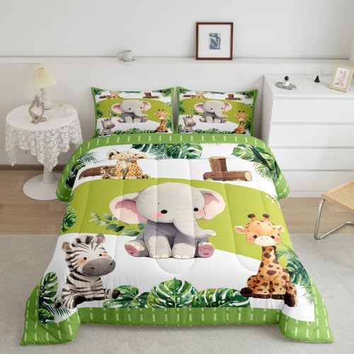 Feelyou Cartoon Animals Comforter Set Queen Size Cute Elephant Zebra Leopard Giraffe Bedding Set for Kids Boys Girls Palm Leaves Duvet Quilt Bedroom Decor Microfiber 3 Pcs with 2 Pillow Cases