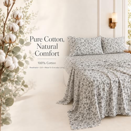 FADFAY 100% Cotton King Sheet Set, Ivory Black Paisley Floral Bed Sheets