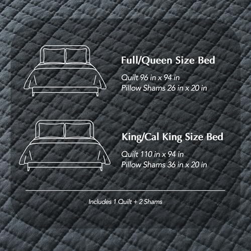 EverGrace 100% Cotton Modern Grid Stitch Quilt Set Queen Size Midnight Blue