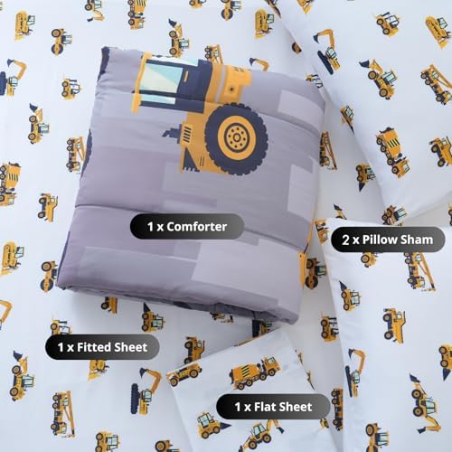 Cokouchyi Full Size Comforter Set for Boys, 5-Piece Bed in a Bag, 3D Construction Bedding Comforter Sheet Set, Ultra Soft and Fluffy, Cartoon Truck Cars