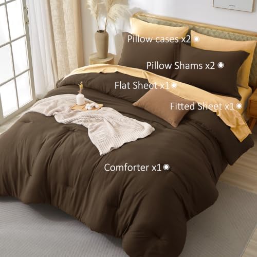 Prewashed Queen Size Comforter Set 7 Pieces, Brown Bed Set