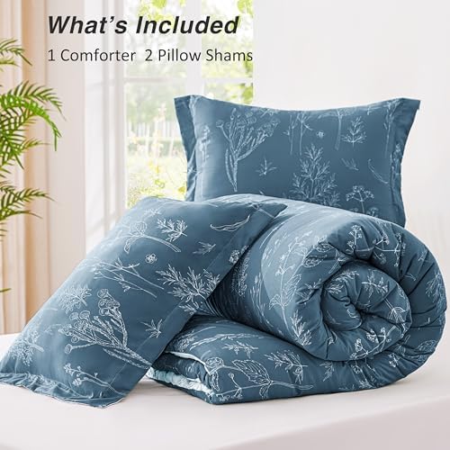 Love's cabin Bluish Grey Comforter Set King - King Size Comforter Set, 3 Pieces Cute Floral Bedding Sets for All Seasons,1 Soft Reversible Botanical Flowers Comforter and 2 Pillow Shams
