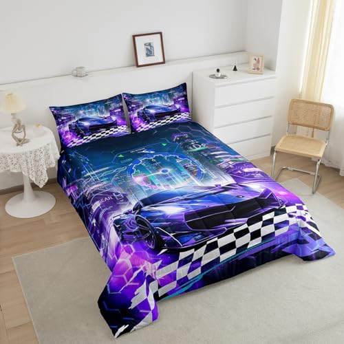 Feelyou Boys Purple Race Car Full Size Bedding Set Kids Racing Car Decor Comforter Extreme Sports Car Comforter Set for Teens Honeycomb Grid Car Comforter Quilt Set Car Room Decorations
