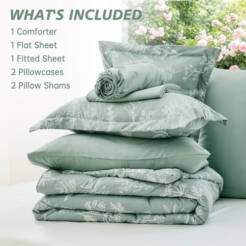 MUXHOMO Oversized Queen Comforter Set, Sage Green Elegant Floral Print Bed in a Bag 7 Pieces, Soft & Breathable Reversible Botanical Pattern Bedding Set with Comforter, Sheets, Pillowcases, and Shams