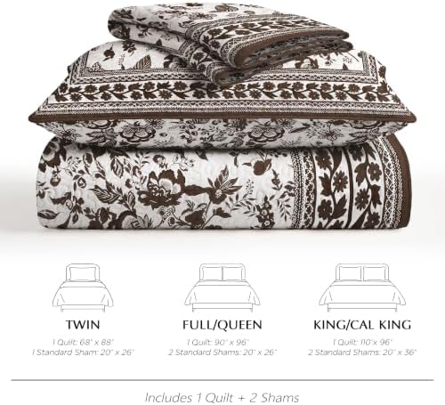 FLYMME Brown and White Vintage Floral Quilt Set Full/Queen Size, 3-Piece Classic Reversible Bedspread Coverlet with 2 Pillow Shams, Lightweight Botanical Bedding Set for All Season