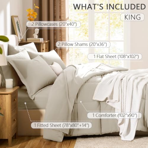 CozyLux King Size Comforter Set, 7-Piece Bed in a Bag, Oatmeal