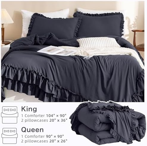 Masaca Shabby Comforter Set Queen,Farmhouse Rustic Boho Bedding Ruffled Comforter Set,Vintage Dark Grey Ruffle Comforter for Queen Bed Fluffy Aesthetic French Country Bedding 3 Pieces