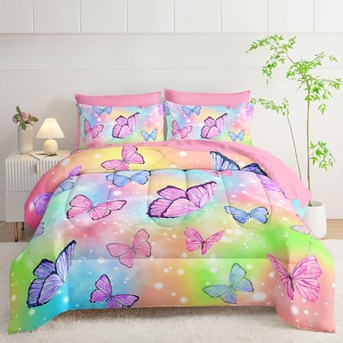 7Pcs Comforter Set Rainbow Butterfly Printed Bedding Set with 1 Comforter, 1 Flat Sheet, 1 Fitted Sheet and 4 Pillowcases for Boys and Girls Bedroom All Season(Queen)