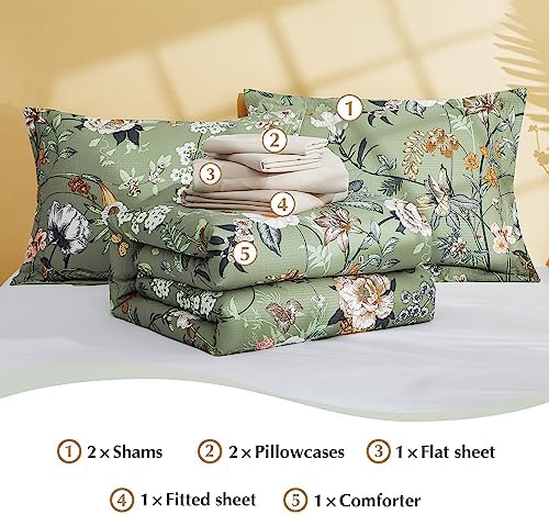 King Size Comforter Set-7 Pieces Floral Green Bed in a Bag King Bedding Set