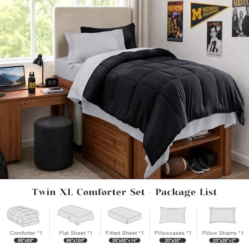 JOLLYVOGUE Twin Comforter Set, Ultra-Soft Bed in a Bag Twin Size 5 Pieces, Oeko-TEX Certified Bedding Set with Down Alternative Comforter, Sheets, Pillowcases & Shams, Black & Light Grey