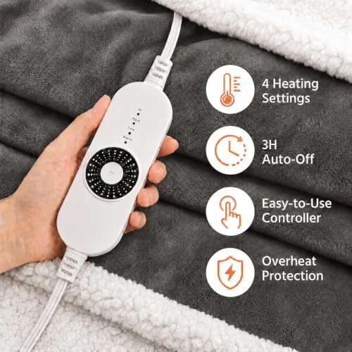 Electric Heated Throw Blanket 50" x 60", Soft Flannel Heating Blanket for Couch, Sofa, Bedroom, 4 Heat Settings, 3H Auto Shut Off, Overheat Protection, Machine Washable, Light Gray