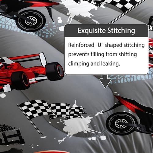 Axolotl Kids Racing Car Comforter Set King Size,Cartoon Race Car Bedding for Boys Girls Teen,Extreme Sport Bedding,Cars Racing Race Cars Quilt Bed Set with 1 Comforter 2 Pillowcases,Red Grey