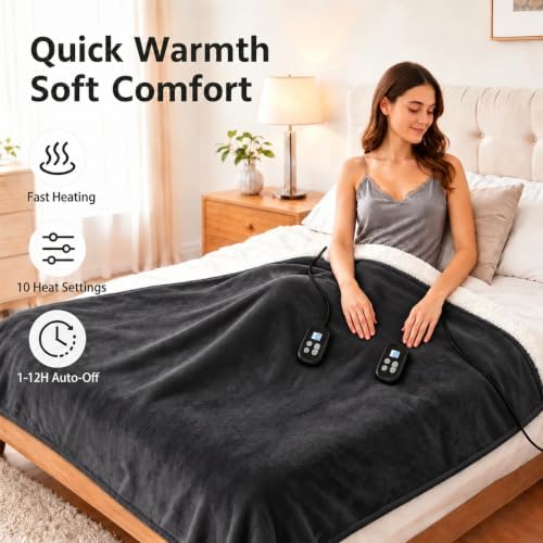 Electric Heated Blanket Queen Size 84" x 90", Soft Flannel for Bed, Couples, 10 Heat Settings, 1-12H Auto Shut Off, Dual Zone Controls, Overheat Protection, Machine Washable, Charcoal Gray