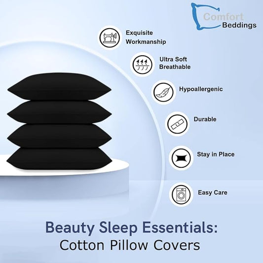 Comfort Beddings Queen Pillowcases Set of 4 – 100% Organic Cotton, 600 Thread Count Sateen, Soft & Comfy Pillow Covers with Envelope Closure, Black, Queen Size 20 x 30 Inches