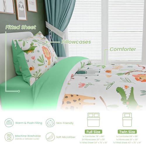 Jungle Animal Kids Bedding Set for Boys Girls, Ultra Soft Microfiber Comforter Set Full Size 4-Pieces, Comforters Bed Sets for Kid Tween Teen Bedroom Decor