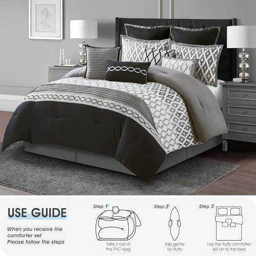LANCO MODERN LIFESTYLE Queen Comforter Set, Black, 10 Piece Bed in a Bag for All Seasons, Luxury Extreme Comfort Bedding Sets with Bedskirt, Pillow Shams, Euro Shams and Decor Pillows