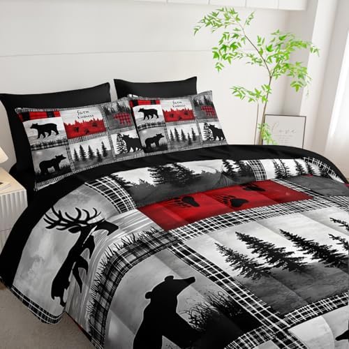 7 Piece Wildlife Bear Deer King Set Comforter,Rustic Cabin King Size Bedding Sets Comforter and Sheets