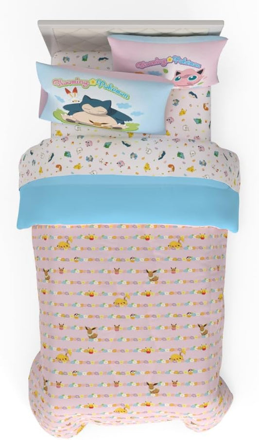 Pokemon Bedding Super Soft Comforter and Sheet Set with Sham, 4 Piece Twin Size, Featuring Snorlax, Pikachu, Eevee & Jigglypuff (Officially Licensed Product) by Franco