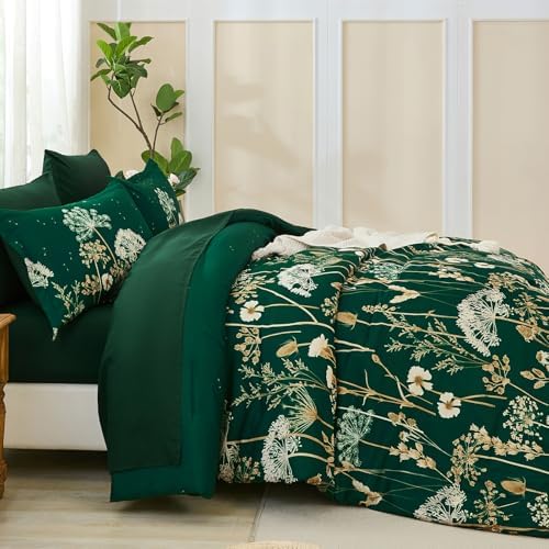 Yiran 7 Piece Comforter Set King Size, Dark Green Dandelion Floral Bedding Set, Botanical Bed in a Bag King, Soft Microfiber Complete Bedding Set with Comforter, Sheets, Pillowcases & Shams
